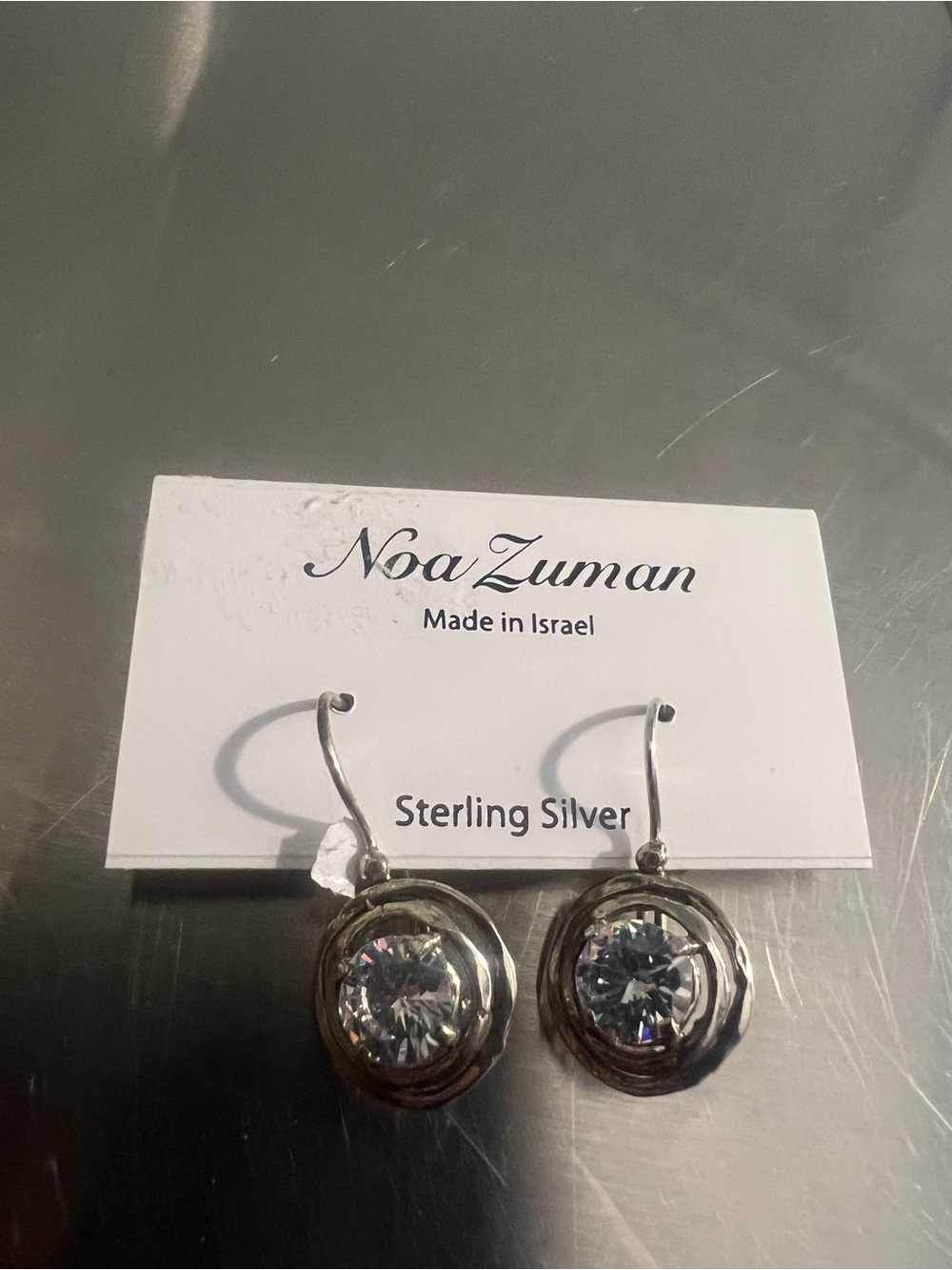 New Noa Zuman Sterling Silver Drop Earrings with Clear Crystal. made in Israel